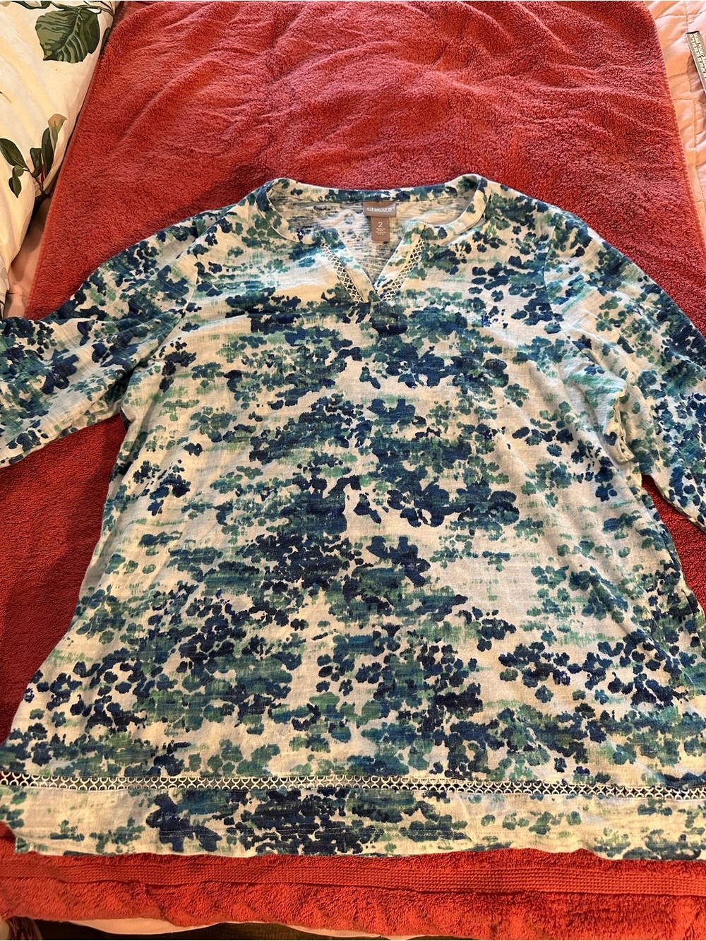 Chico's Teal and Navy Watercolor V-Neck Tunic